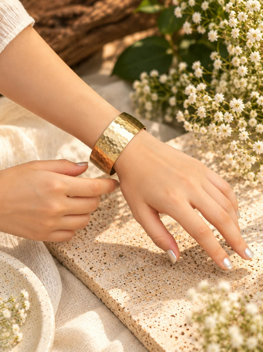 Elegant Beaten Cuff Adjustable Brass Bracelet (Anti Tarnish)