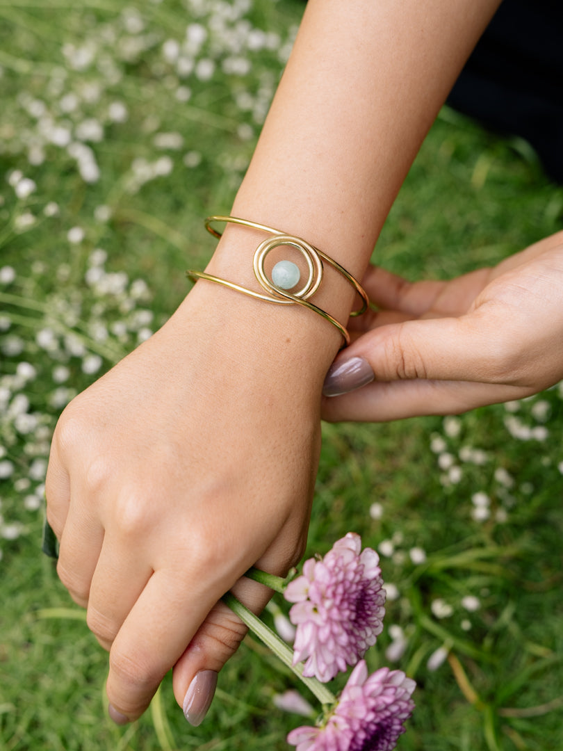 Serene Green Amazonite Brass Bracelet (Anti Tarnish)