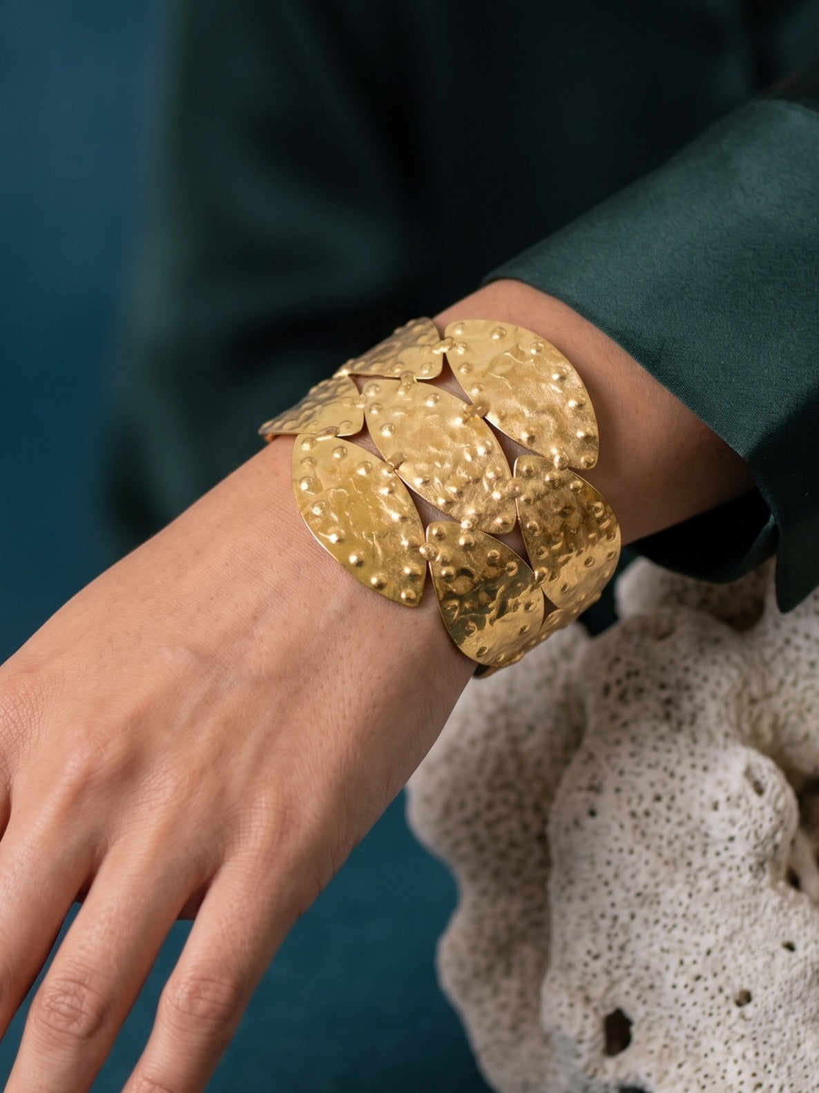 Gilded Petal Cuff Brass Adjustable Bracelet (Anti Tarnish)