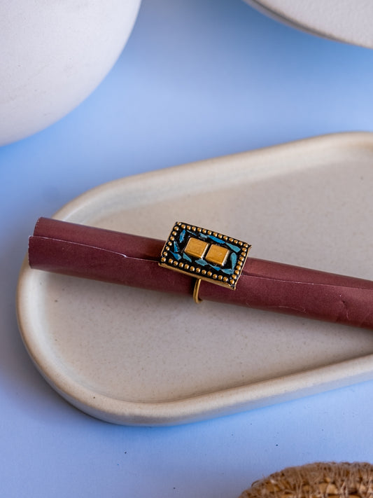 Azure Rectangle – Mosaic Muse Brass Adjustable Ring (Anti Tarnish)