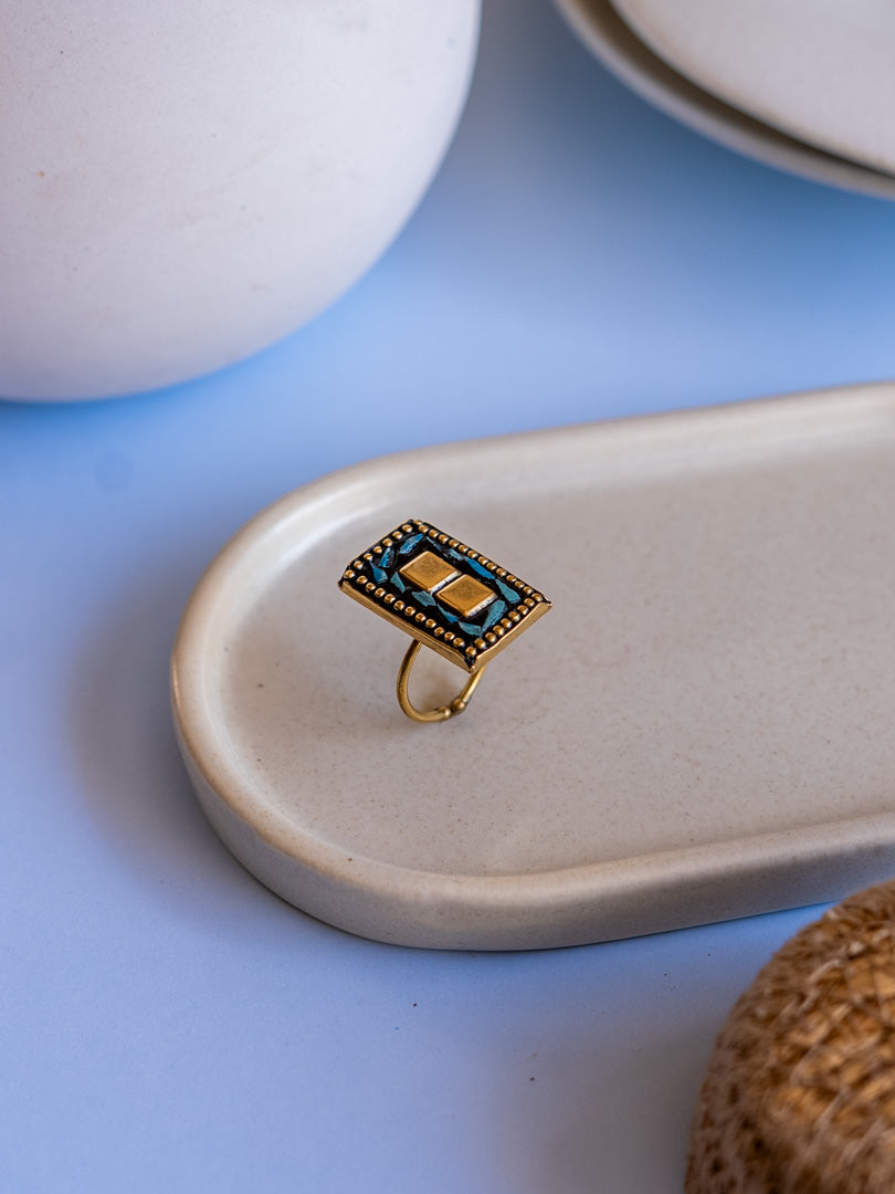 Azure Rectangle – Mosaic Muse Brass Adjustable Ring (Anti Tarnish)