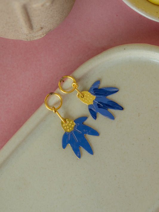 Blue Bloom Hand-Painted Brass Earrings