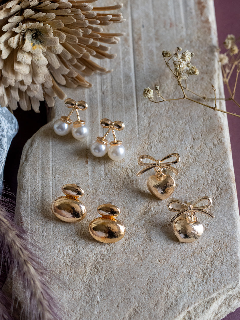 Pearl & Bow Charm 3 Earrings Combo