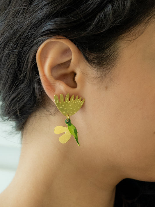 Golden Bloom Bird Hand-Painted Brass Earrings