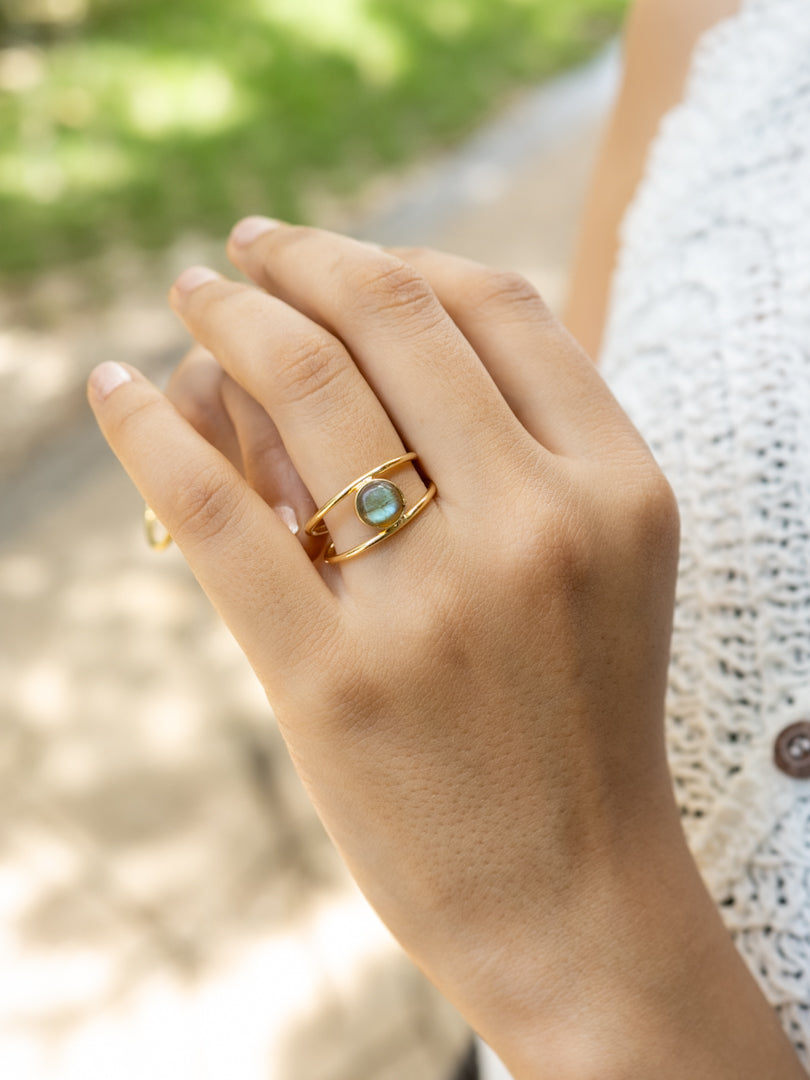 Black Rainbow Labradorite Crystal Brass Adjustable Ring (Anti Tarnish)