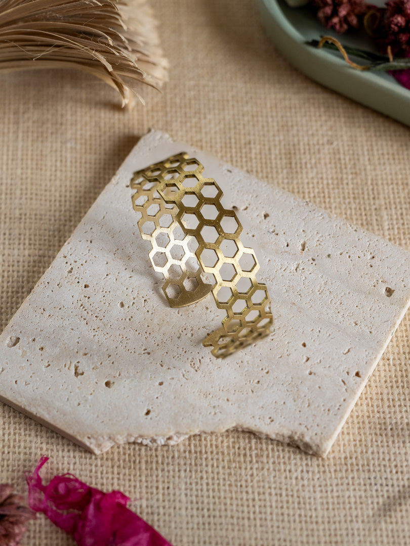 Honeycomb Statement Brass Adjustable Bracelet (Anti Tarnish)