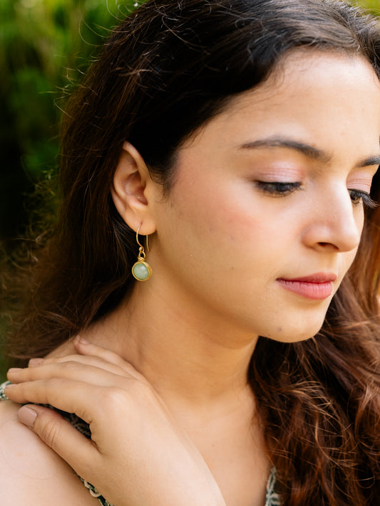 Green Amazonite Globe Brass Stone Earring (Anti Tarnish)