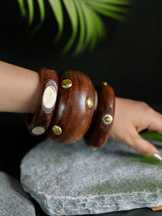 Handcraved Wooden Bangles Combo - Stack of 3 Bangles