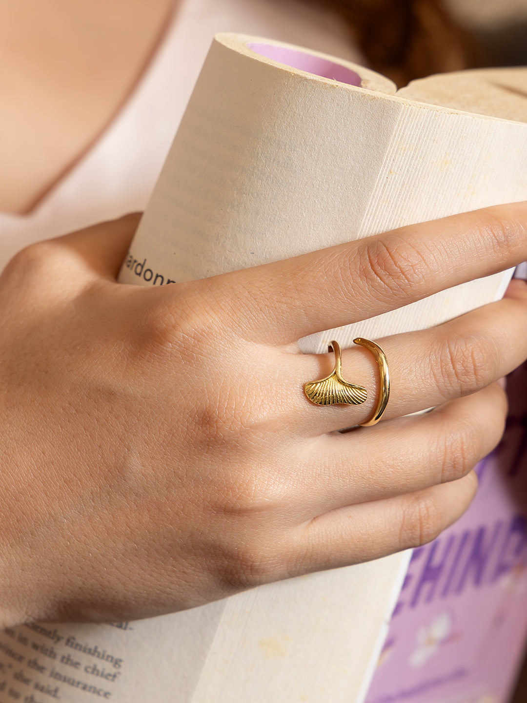 Golden Ginkgo Brass Adjustable Ring (Anti Tarnish)