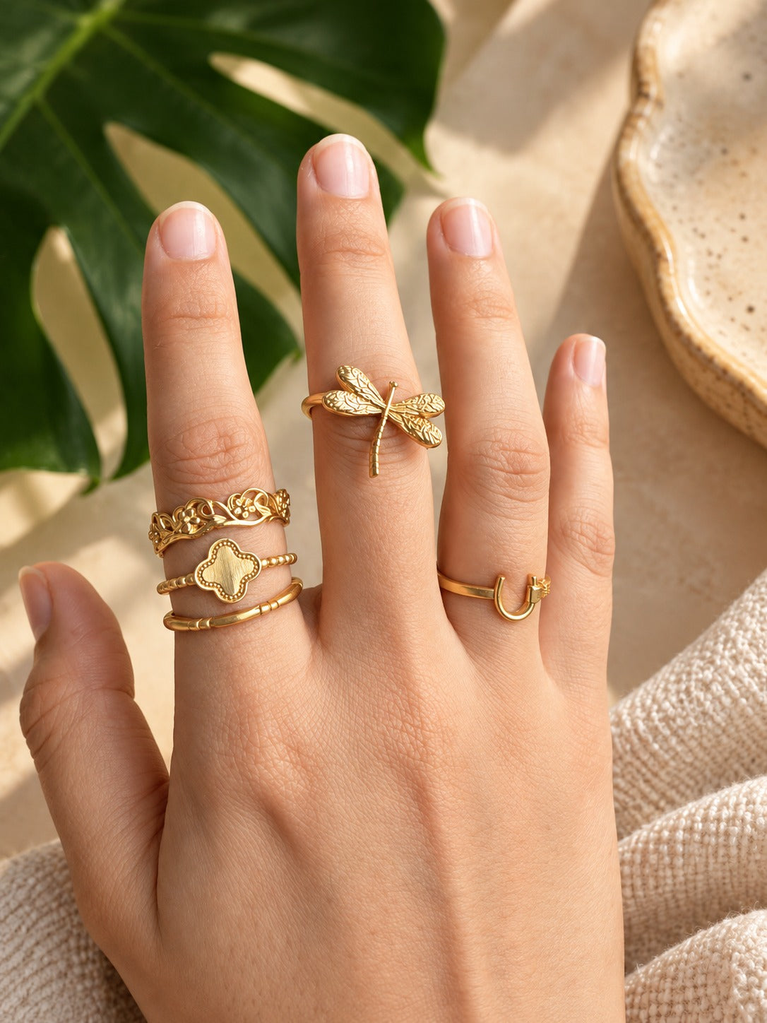 Butterfly Bloom Brass Adjustable Ring Stack (Anti Tarnish) - 5 Rings