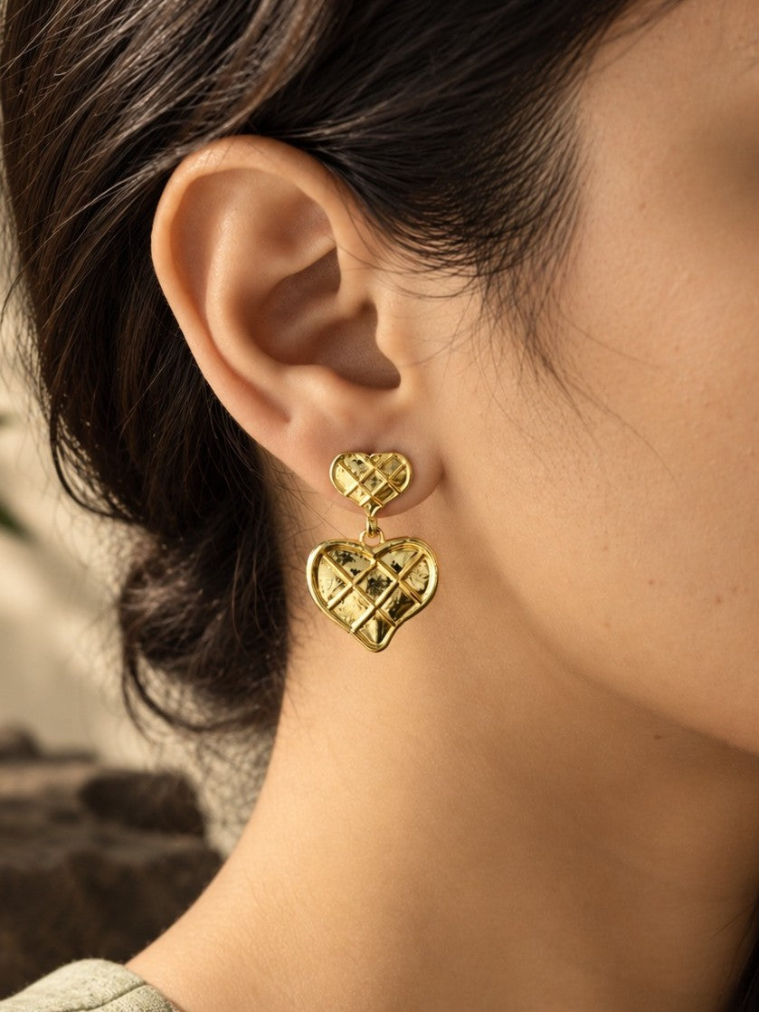 Quilted Gold Heart Earrings