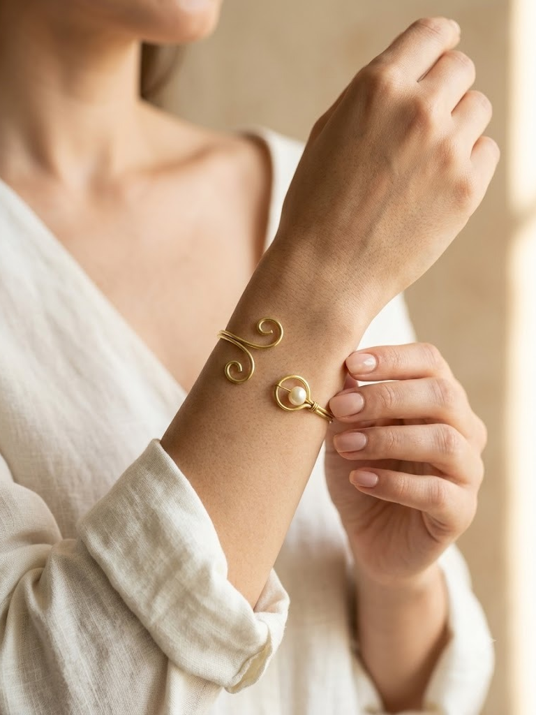 Pearl and Scroll Cuff Adjustable Bracelet (Anti Tarnish)