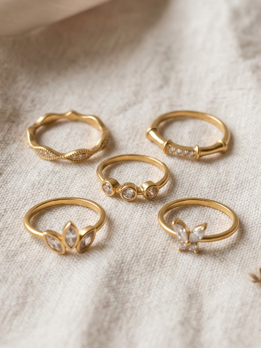 Crystal Charm Brass Ring Stack (Anti Tarnish) - 5 Rings