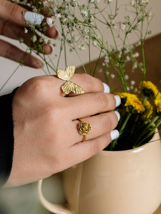Rose and Butterfly Ring Combo Brass Adjustable Ring (Anti Tarnish)