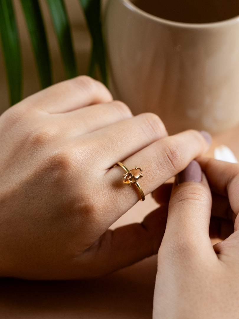 Amber Oval Solitaire Brass Adjustable Ring (Anti Tarnish)