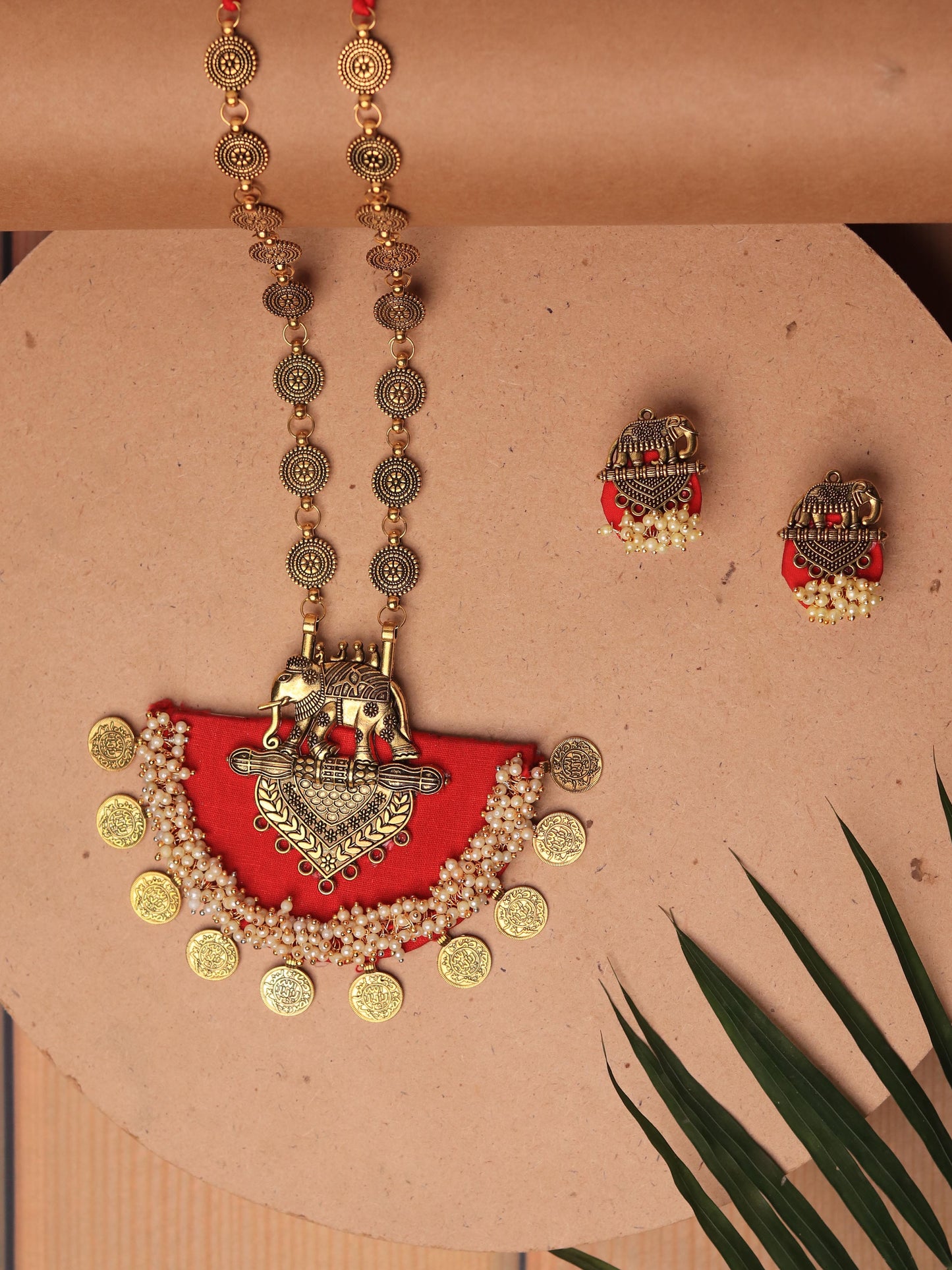 Lal Hathi Fabric Necklace Set (Earring + Necklace)