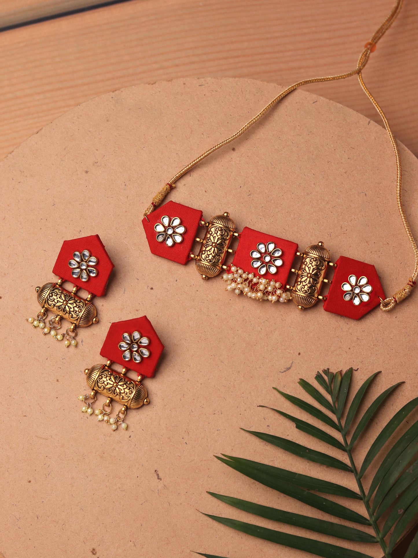 Red Kundan Choker Fabric (Earring + Choker Set)