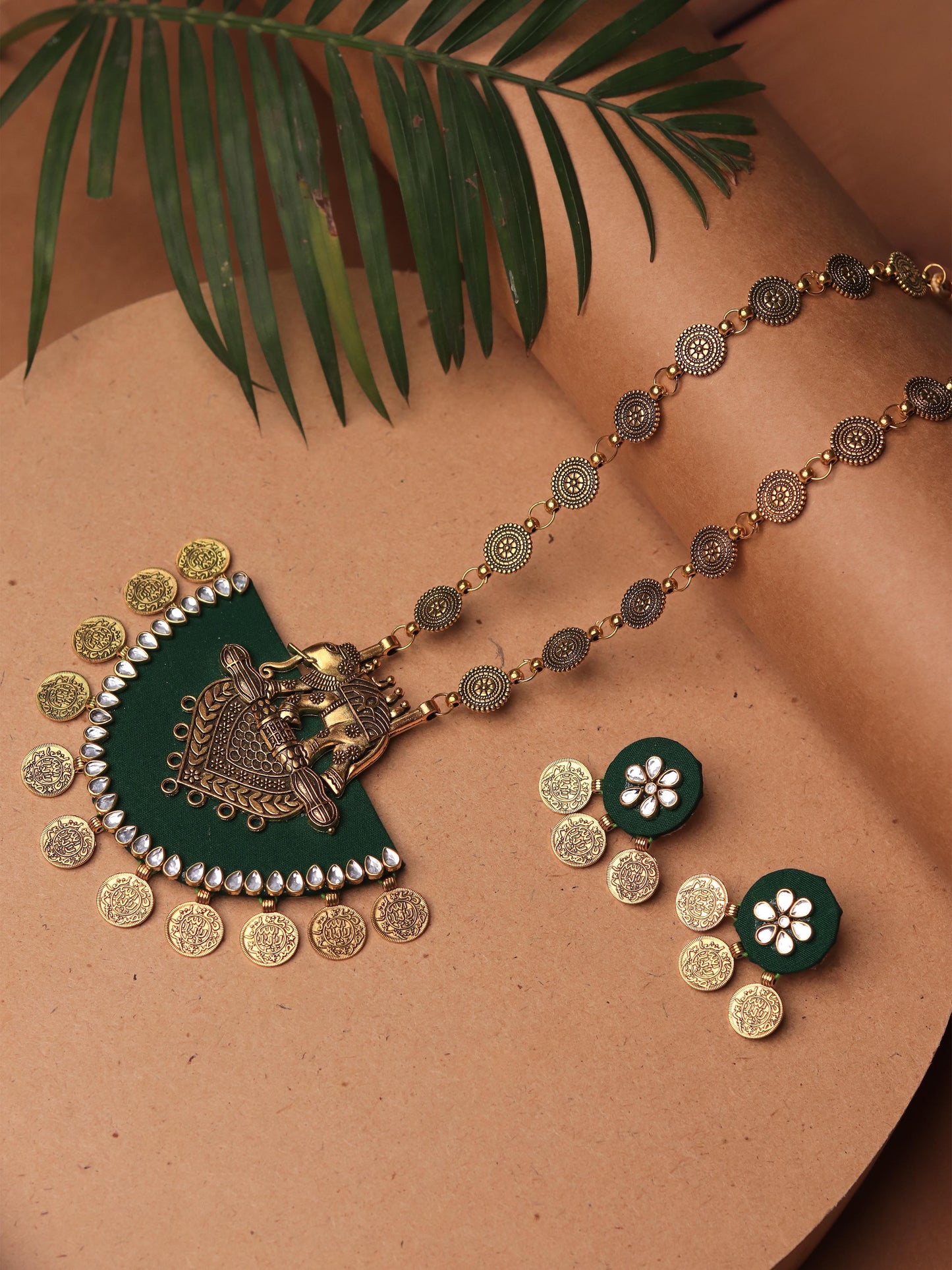 Green Hathi Fabric Necklace Set (Earring + Necklace)