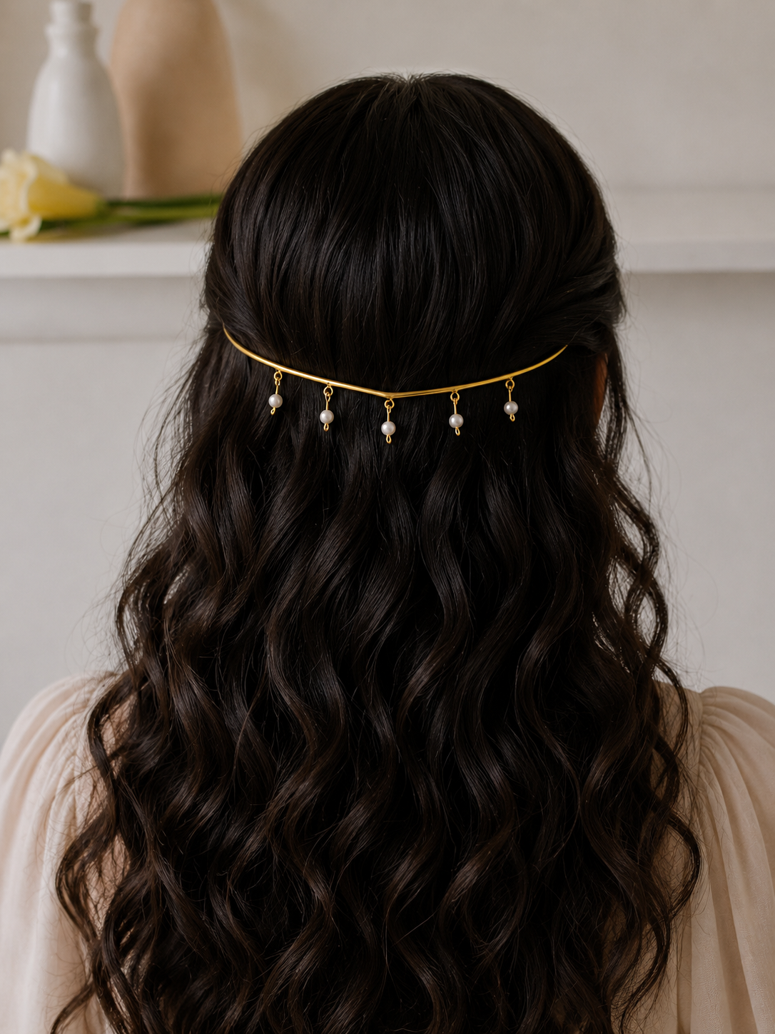 Pearl Cascade Hair Cuff Brass Adjustable (Anti Tarnish)