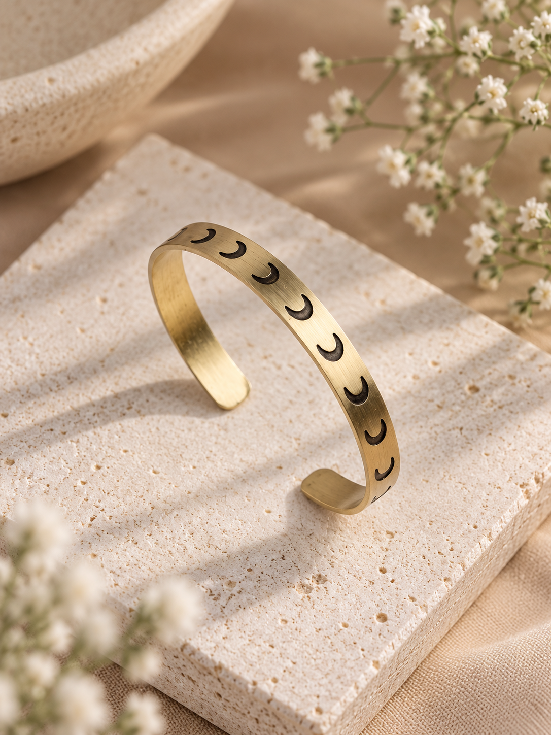 Moon Hand Stamped Brass Band Adjustable Bracelet (Anti tarnish)