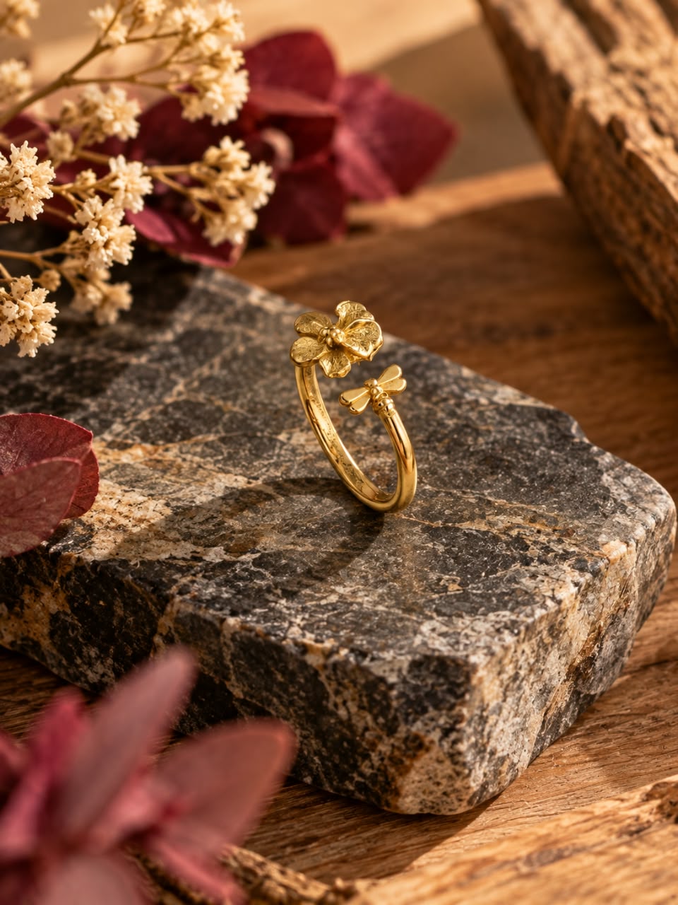 Blossom Duo Brass Ring (Adjustable, Anti-Tarnish)
