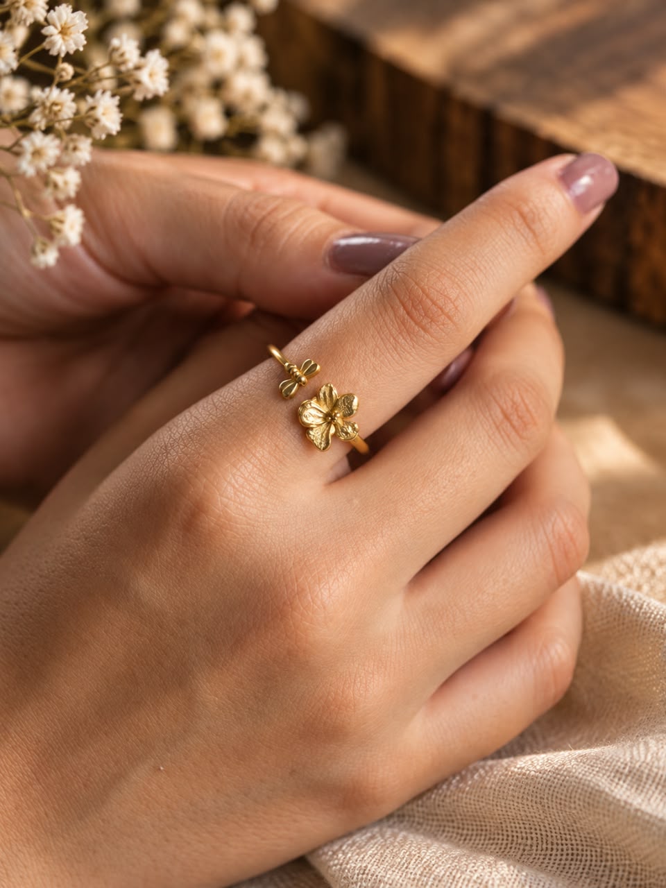 Blossom Duo Brass Ring (Adjustable, Anti-Tarnish)