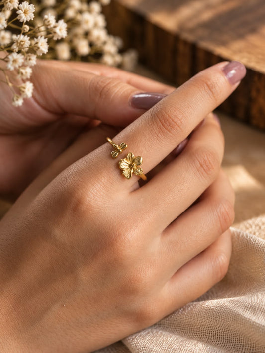 Blossom Duo Brass Ring (Adjustable, Anti-Tarnish)