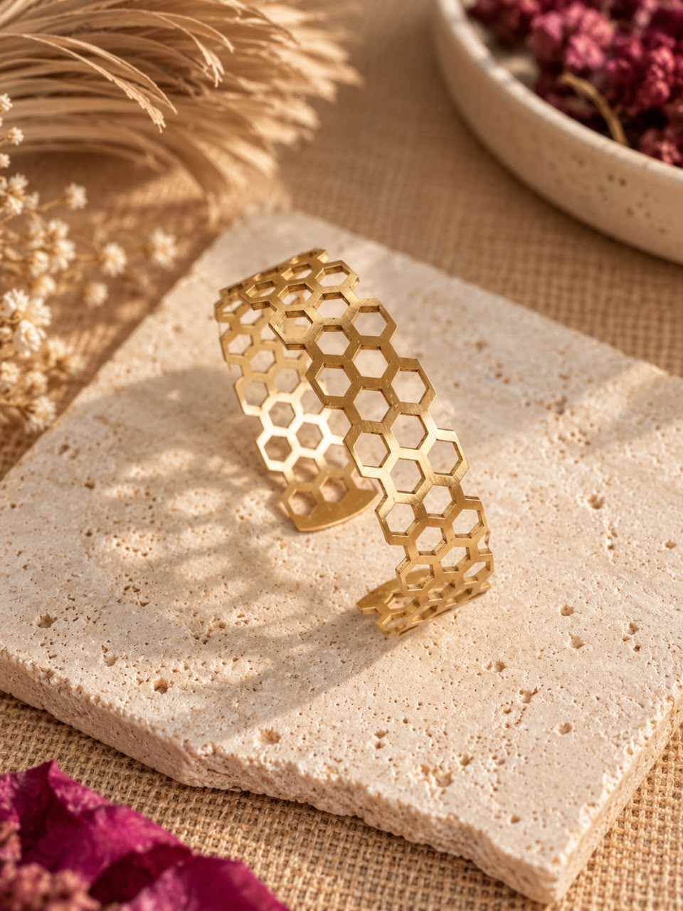 Honeycomb Statement Brass Adjustable Bracelet  (Anti Tarnish)