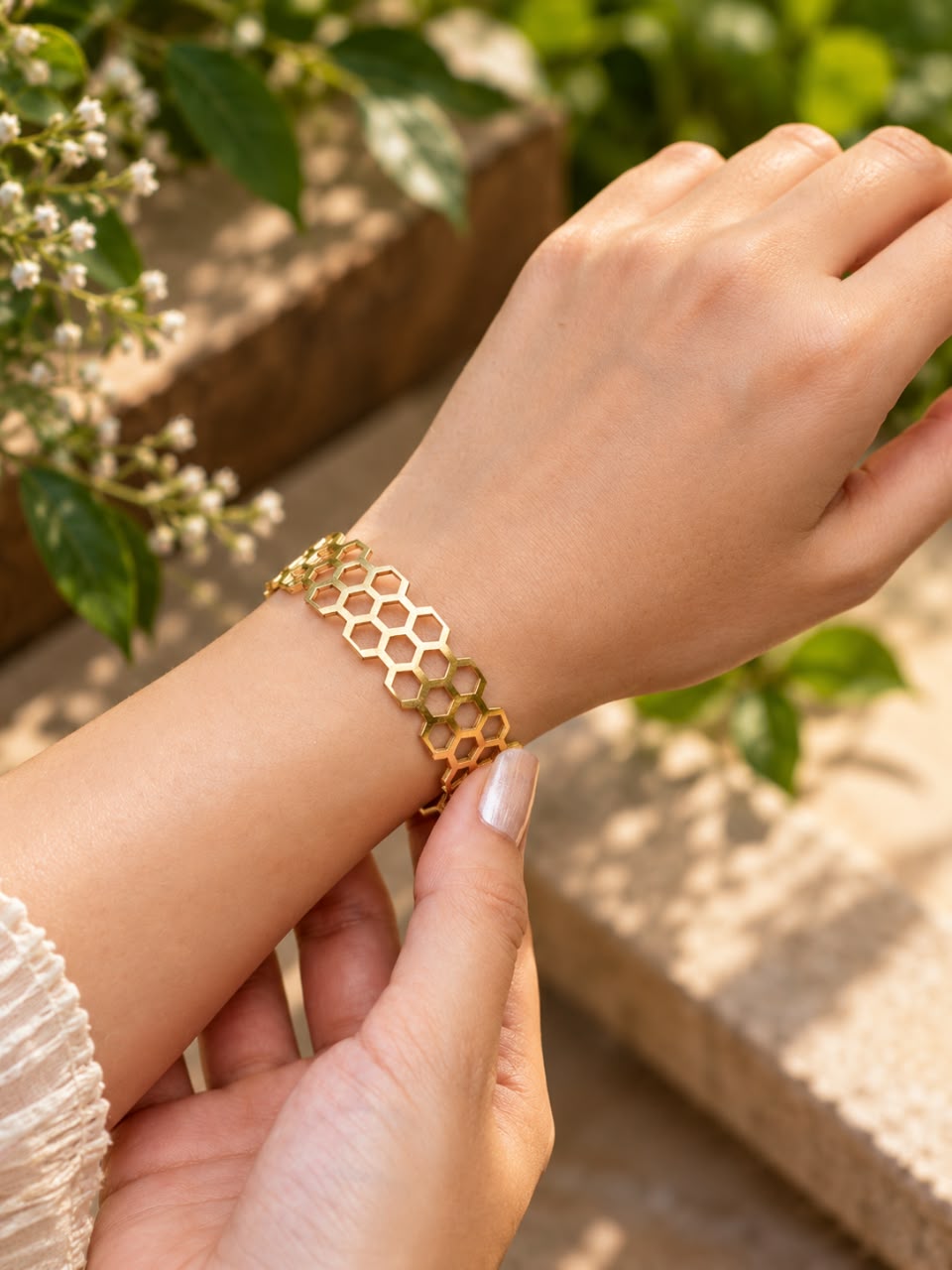 Honeycomb Statement Brass Adjustable Bracelet  (Anti Tarnish)