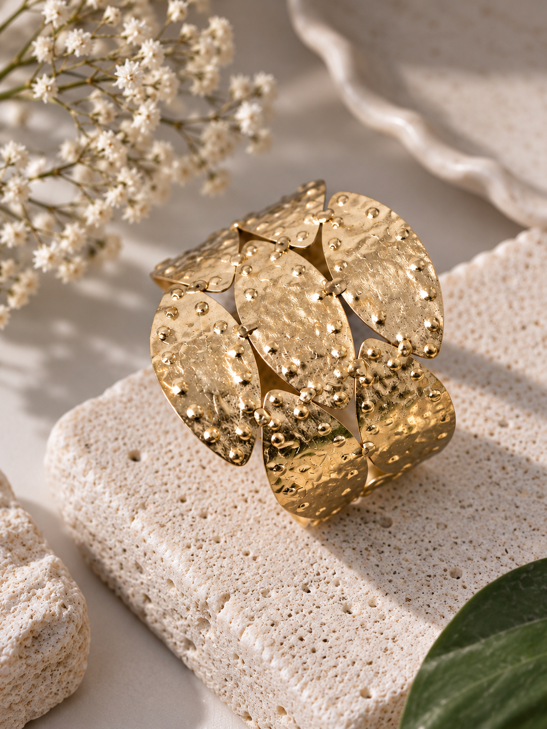 Gilded Petal Cuff Brass Adjustable Bracelet (Anti Tarnish)