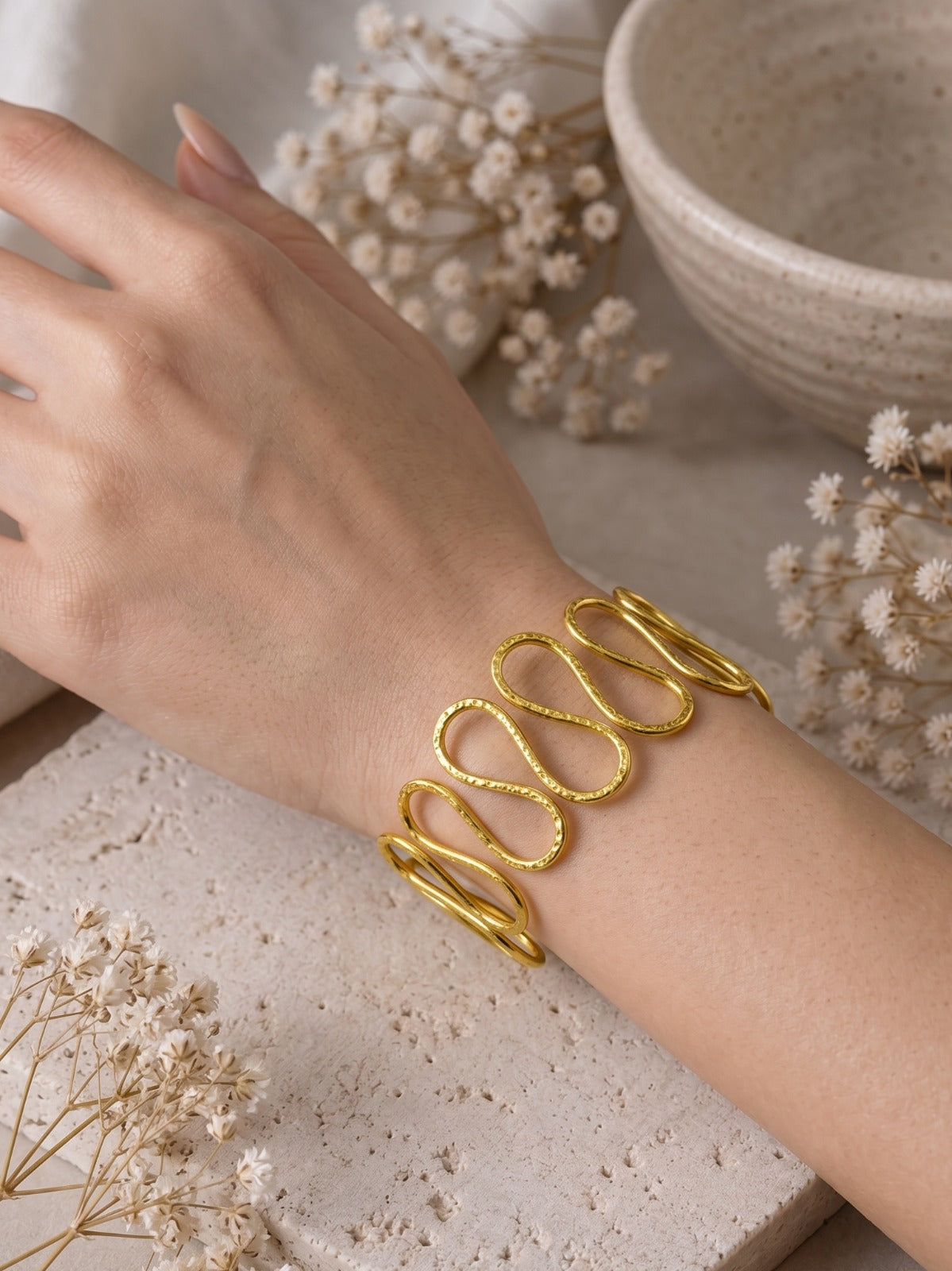 Sculpted Wave Brass Cuff Adjustable Bracelet (Anti Tarnish)