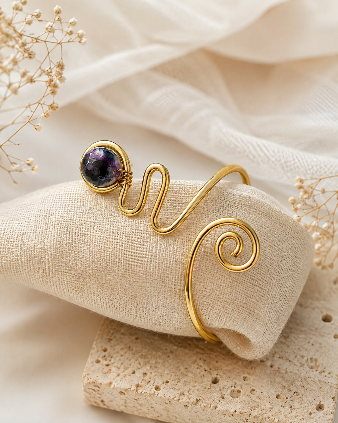 Amethyst Wave Spiral Adjustable Bracelet (Anti Tarnish)