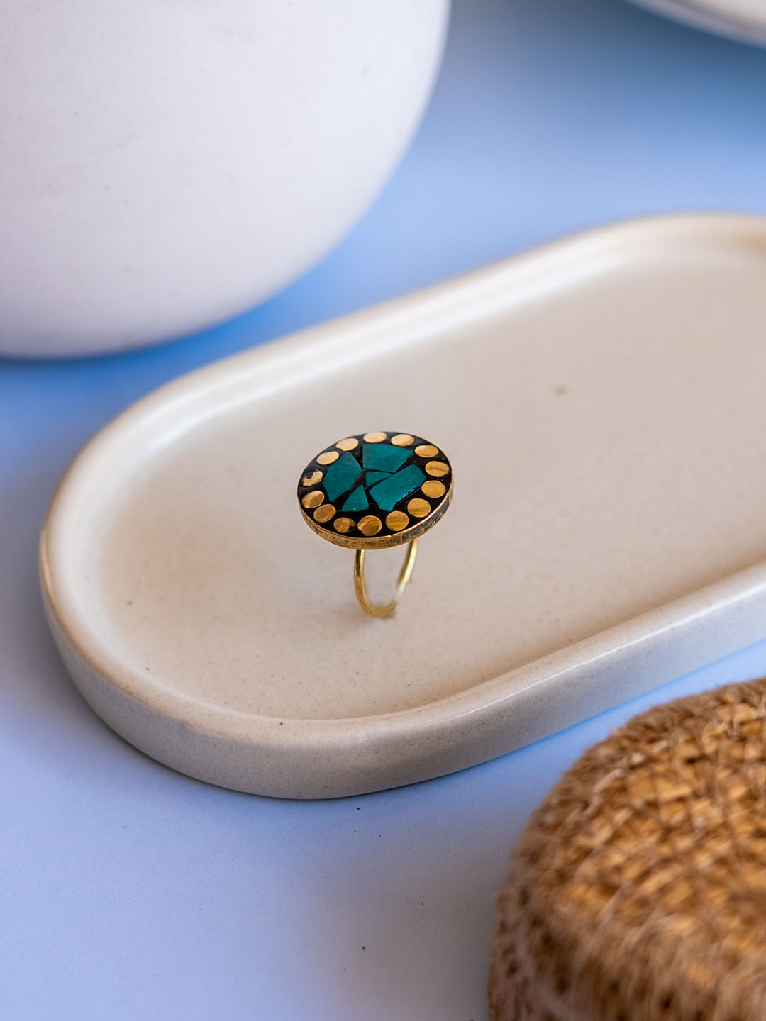 Teal Circle – Mosaic Muse Brass Adjustable Ring (Anti Tarnish)