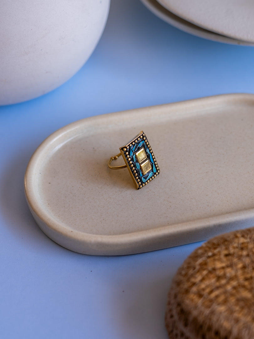 Azure Rectangle – Mosaic Muse Brass Adjustable Ring (Anti Tarnish)