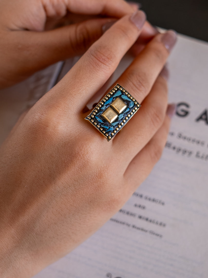 Azure Rectangle – Mosaic Muse Brass Adjustable Ring (Anti Tarnish)