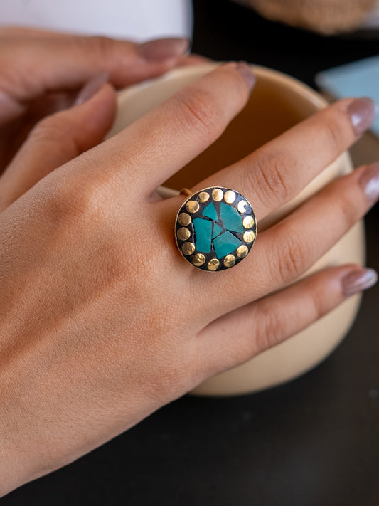 Teal Circle – Mosaic Muse Brass Adjustable Ring (Anti Tarnish)