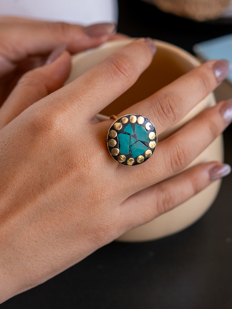 Teal Circle Mosaic Muse Brass Adjustable Ring (Anti Tarnish)