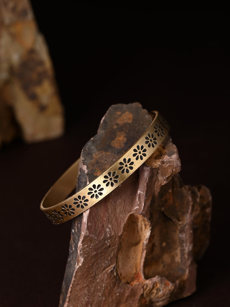 Flower Hand Stamped Brass Band Adjustable Bracelet (Anti Tarnish)