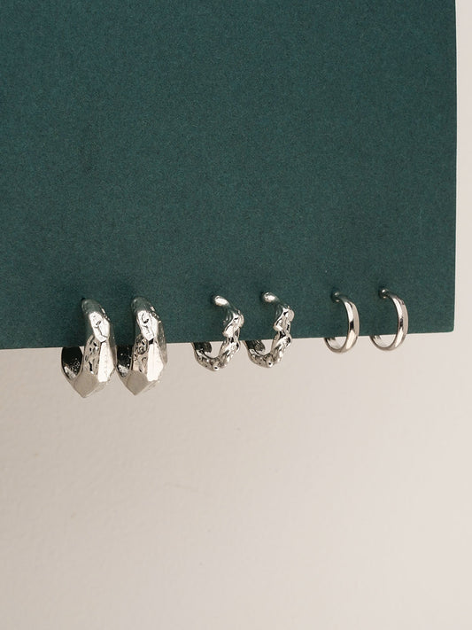 3 Pairs Chunky Silver Hoop Earrings