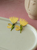 Golden Bloom Bird Hand-Painted Brass Earrings