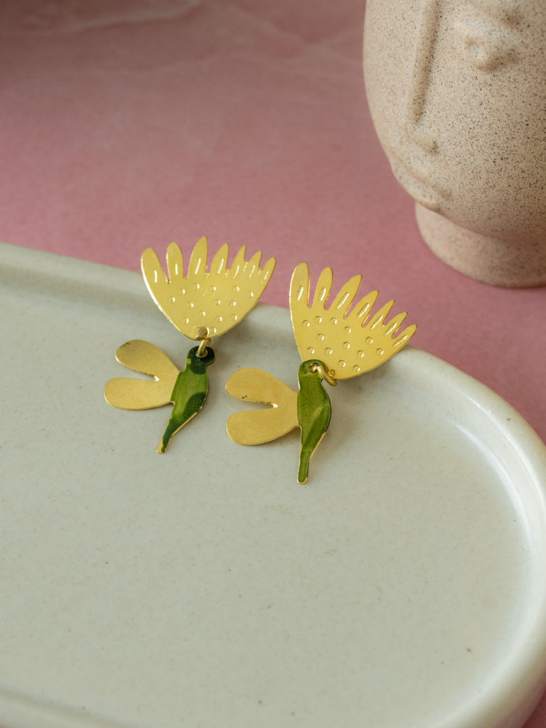 Golden Bloom Bird Hand-Painted Brass Earrings