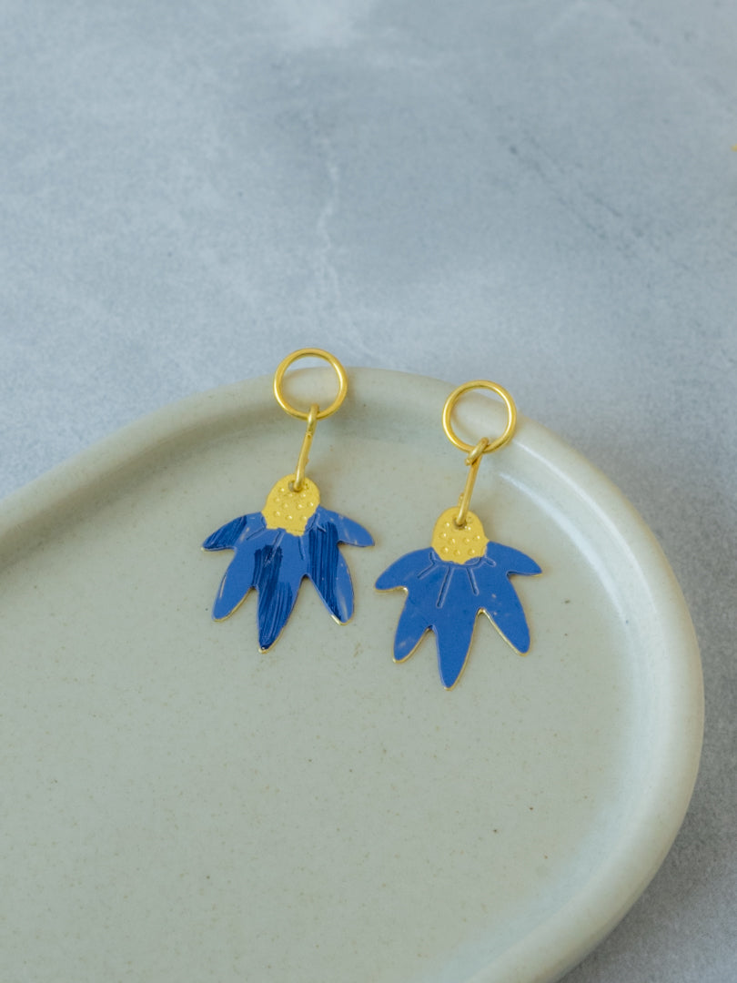 Blue Bloom Hand-Painted Brass Earrings