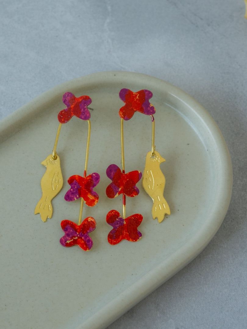 Flutter Bird Hand-Painted Brass Earrings