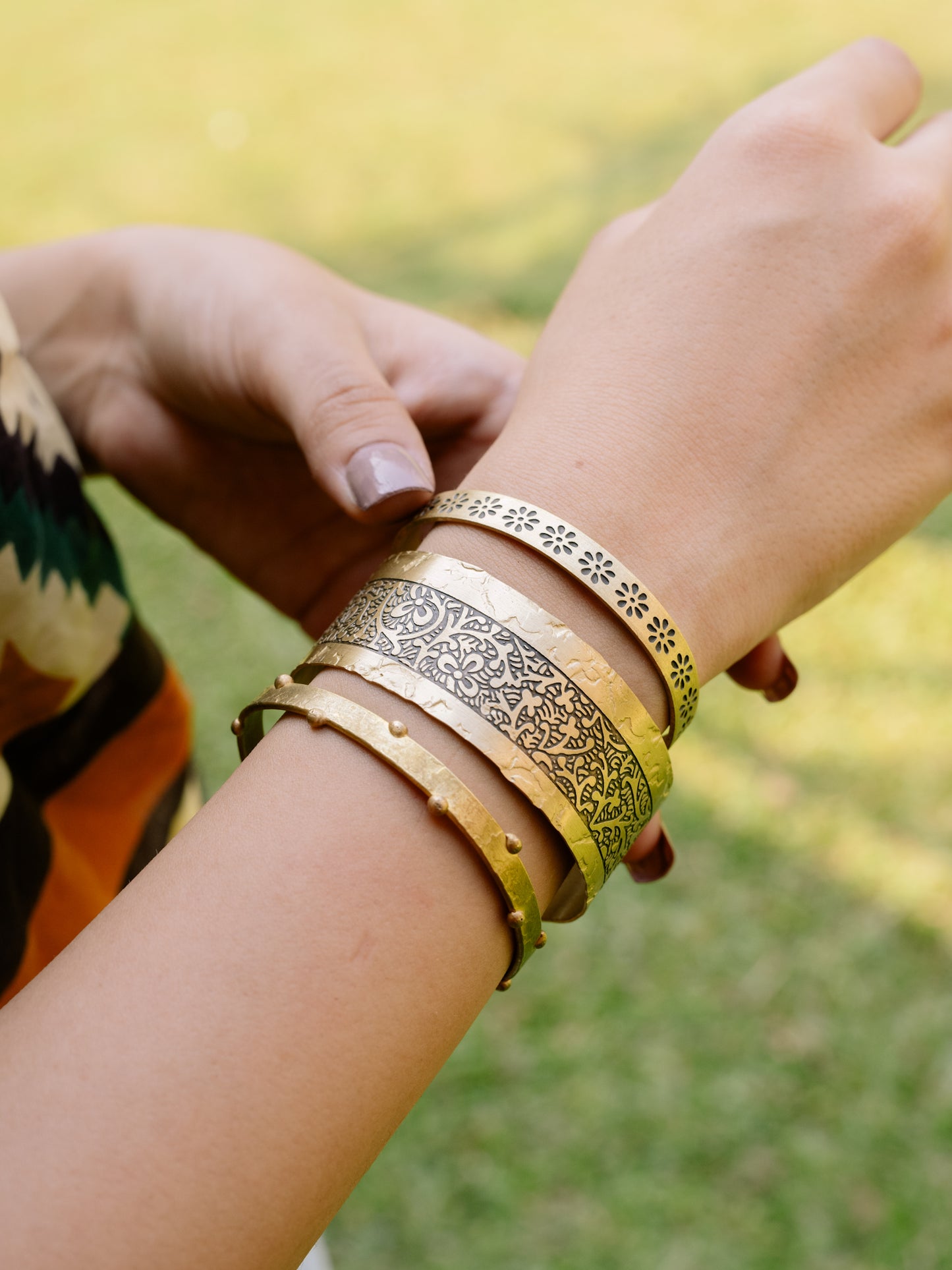 Heritage Bloom Brass Bracelet Stack (Set of 3) (Anti Tarnish)