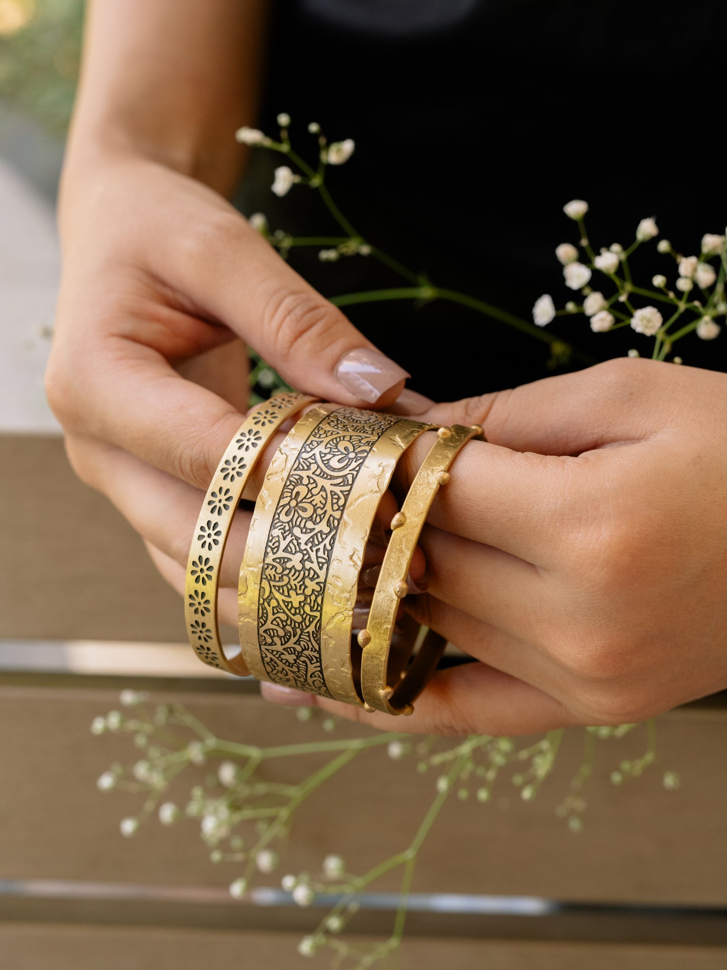 Heritage Bloom Brass Bracelet Stack (Set of 3) (Anti Tarnish)