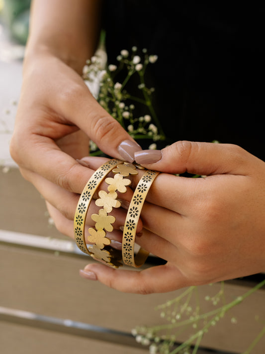 Bloom Charm Brass Bracelet Stack (Set of 3) (Anti Tarnish)