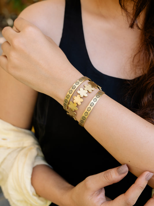 Bloom Charm Brass Bracelet Stack (Set of 3) (Anti Tarnish)
