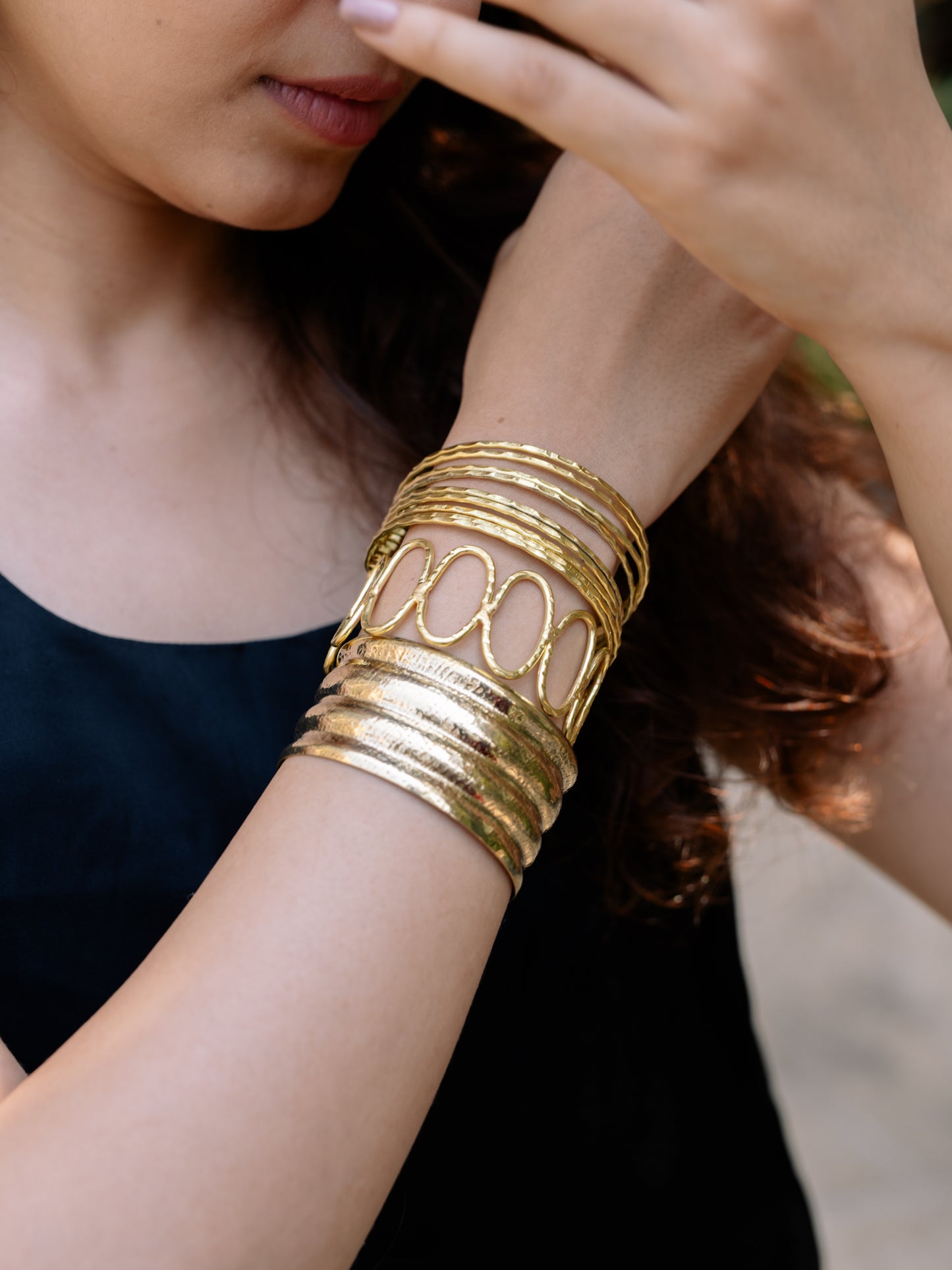 Aurum Wave Brass Bracelet Stack (Set of 3) (Anti Tarnish)