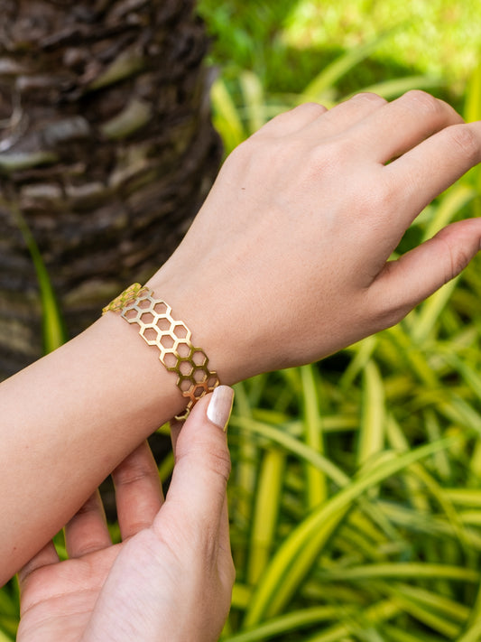 Honeycomb Statement Brass Adjustable Bracelet  (Anti Tarnish)