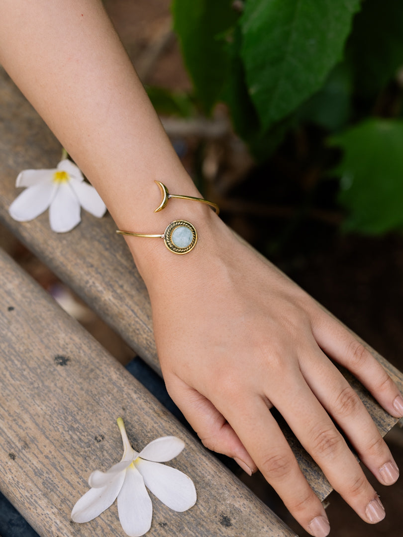 Green Amazonite Moon Adjustable Brass Bracelet (Anti Tarnish)
